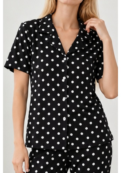 Kadın Desenli Siyah Kısa Kollu Pijama Takımı 4813