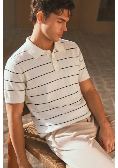Tarz Cool Erkek Old Money Çizgili Polo Yaka Triko Tişört Slim Fit Beyaz