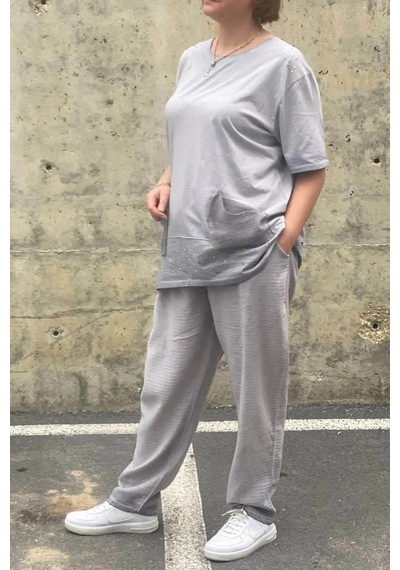 Mia Butik Büyük Beden Verona Gri Keten Takım Gri
