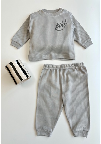 Bellamio Kids King Yazılı Erkek Bebek Pamuklu İkili Takım Gri