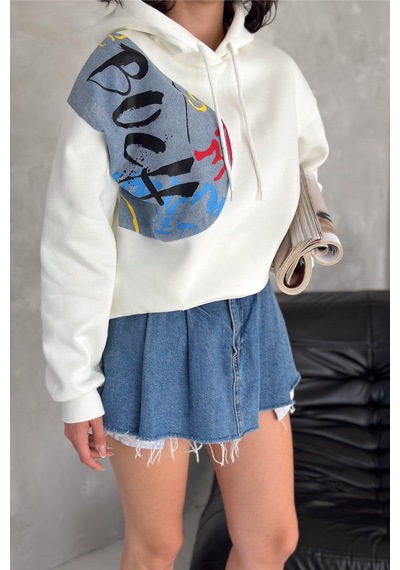 Femelle Kadın Beyaz Kot Detaylı İçi Pamuklu Kapüşonlu Sweatshirt