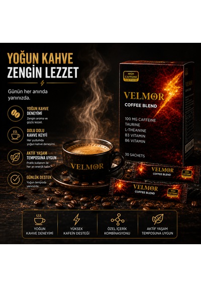 Velmor Coffee Blend Yüksek Kafeinli Kahve Karışımı Taurine, L-theanine Ve Vitamin Destekli 30 Sachet Granül