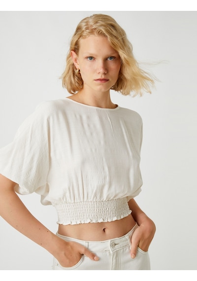 Koton Crop Bluz Beli Lastikli Kırık Beyaz 2sak60170cw 2SAK60170CW001 Ekru