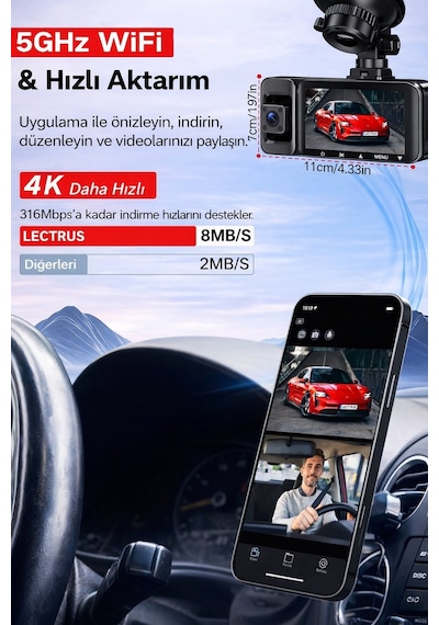 X18 Premium 3 Lens Araç İçi Kamera Wifi Gps 4k Ultra Hd Ön Arka İç Kamera Gece Görüşü Park Modu Dvr