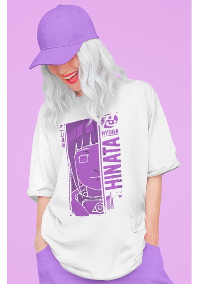 Sevbano Tasarım Hinata Hyuga Baskılı Unisex Oversize Naruto Anime Dizi Ka Beyaz