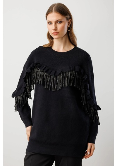 On Fashion Kadın Püsküllü Siyah Kazak 60321 Siyah