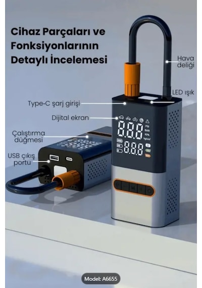 Lcd Ekranlı 150 Psı Şarjlı Hava Kompresörü Led Işıklı, 4000mah, Araç Ve Bisiklet Şişirici