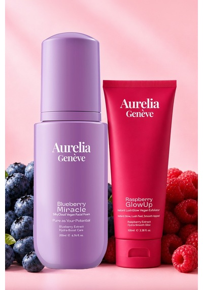 Aurelia Genève Double Berry Glass Skin Set - Nemlendirici Vegan Yüz Temizleme Köpüğü & Işıltı Kazandıran Vegan Peeling Seti