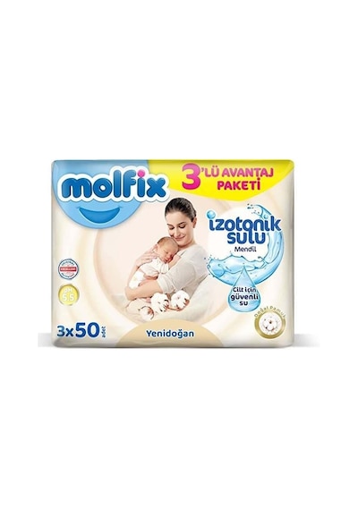 Molfix Yenidoğan Izotonik Sulu Doğal Pamuk Islak Havlu Mendil 3Lü 150 Yaprak-9022402271193