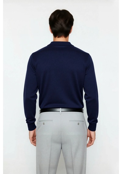 Ersefa Erkek Smart Casual Polo Yaka Düz Triko Kazak Kış Kombinlerine Mod Lacivert
