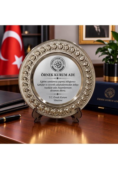 Plaket Metal Tabak Gül Desenli Tayin Anı Başarı Ödül Hediyesi Kişiye Özel Baskılı Teşekkür Plaketi Büyük Boy 25 Cm Gümüş