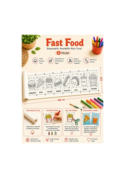 Boyanabilir Kesilebilir Rulo Tuval Fast Food 8 Model Çocuk Etkinlik Seti 160x30 Cm
