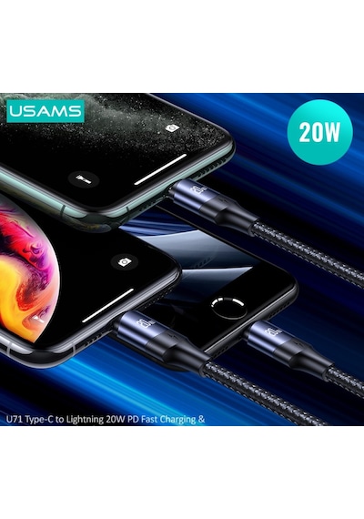 Usams Sj522 20 W Lightning Hızlı Şarj Pd 60w Örgü Kablo Siyah 2 M