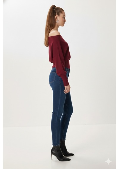 Fiolin Omuzu Açık Off Shoulder Triko Kazak Bordo