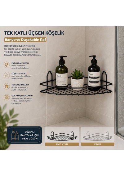 Krt-1147 Eko Banyo Köşelik Ve Duşakabin Rafı Tek Katlı Üçgen - Siyah Metal