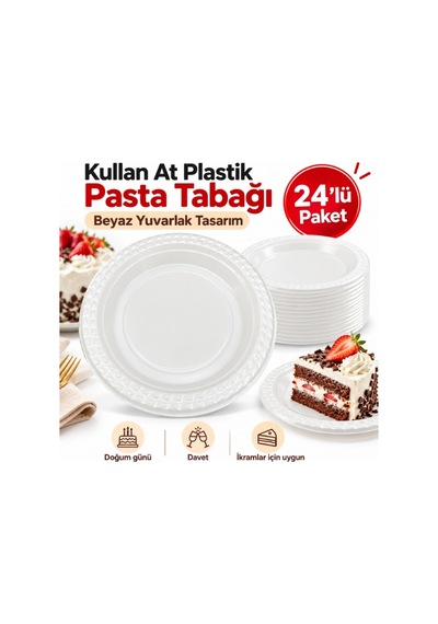 Mucit Home Beyaz Plastik Pasta Tabağı 24 Lü Doğum Günü Davet Sunum Tabağı 19 Cm