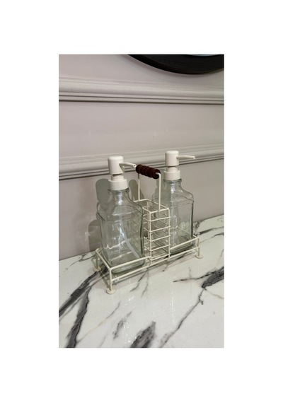 Buççin Online Mağaza Sabunluk - Metal Standlı Ahşap Saplı 2 500 Ml - Beyaz Cam Beyaz Çok Renkli
