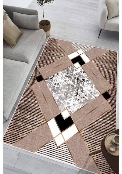 Geometrik Desenli Makinede Yıkanabilir Kaymaz Taban Oturma Odası Salon Halı Koridor Halı Bej