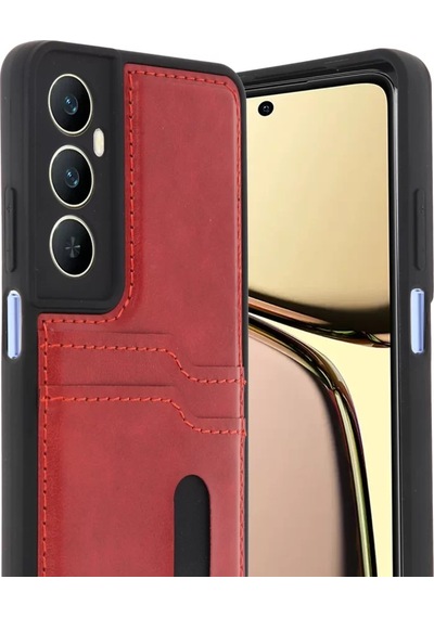 Newface Realme C65 Sara Kartvizitli Deri Kılıf - Kırmızı Resimdeki