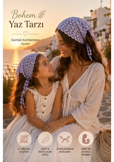 Anne Kız Kombin Bandana El Örgüsü Saç Bandı Bohem Stil Ayarlanabilir 2li Set Mor