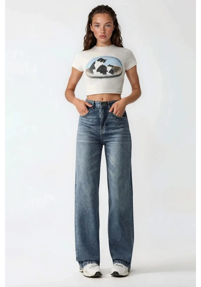 Hiccup Yüksek Bel Düz Paça Kot Pantolon Orta Mavi Denim