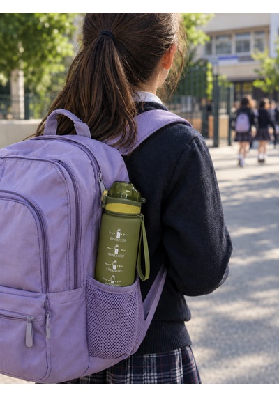 1000 Ml Plastik Motivasyon Matarası Pipetli, Kilitli Ve Taşıma Kulplu Yeşil - Koyu Yeşil