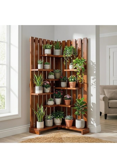 Wooddesign Çok Katlı Ahşap Köşe Çiçeklik Saksılık Ve Dekoratif Raf Modülü 160x150 Cm Bordo