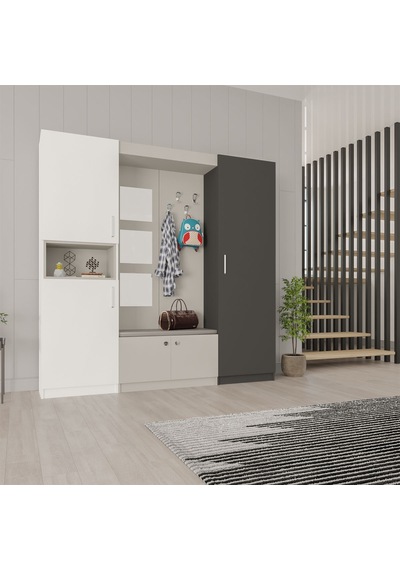Lüks Aynalı Portmanto Askılı Vestiyer %100 Mdf Çok Raflı Ayakkabılık V05 Beyaz - Antrasit Lüks Aynalı Portmanto Askılı Vestiyer %100 Mdf Çok Raflı Ayakkabılık V05 Beyaz - Antrasit