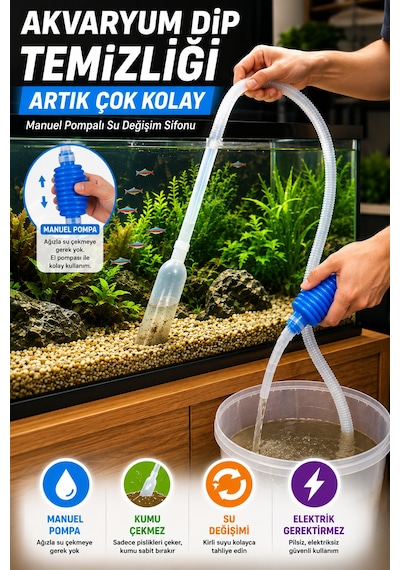 Manuel Pompalı Akvaryum Dip Temizleyici Su Değişim Sifonu Kum Temizleme Hortumu Elektriksiz 150 Cm