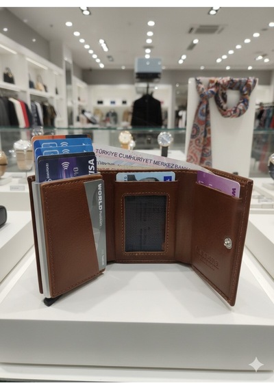 Newish Polo Mekanizmalı Rfid Özellikli Cüzdan Kredi Kartlık - Hakiki Deri Taba