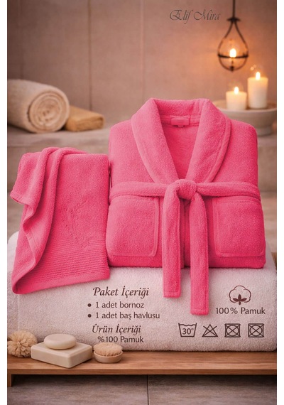 Tek Kişilik Banyo Havlulu Bornoz Seti Pamuklu Bukle Şalyaka Nuvia Fuşya