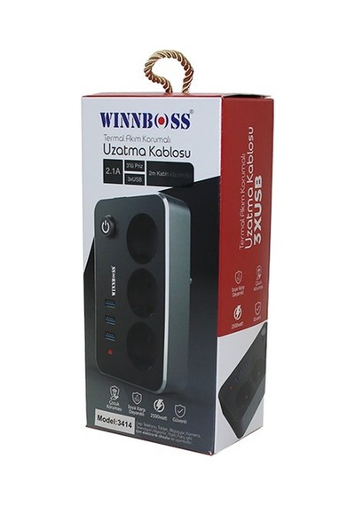 Winnboss 3414 Termal Akım Korumalı 3'lü Priz - 3 Usb Çıkışlı, 2 Metre Anahtarlı Uzatma Kablo Siyah