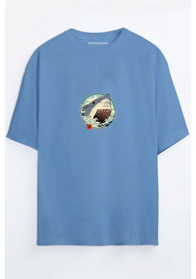 Anime Köpek Balığı Baskılı Oversize T-shirt Mavi