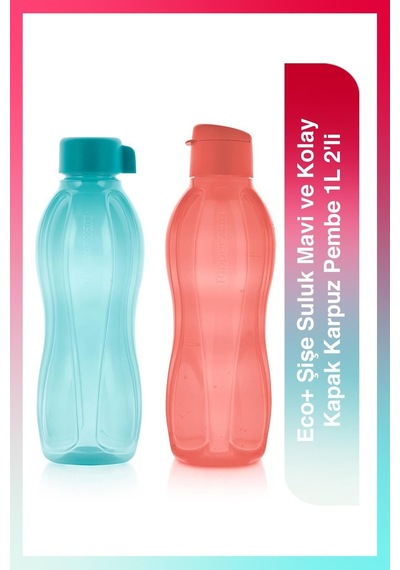 Eco+ Şişe Suluk Mavi Ve Kolay Kapak Karpuz Pembe 1l 2'li Mavi-karpuz Pembe