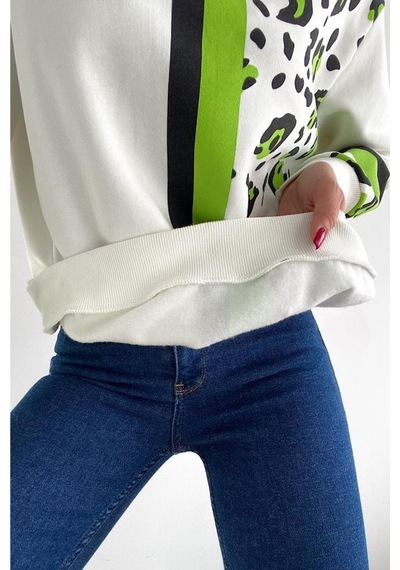Femelle Kadın Leopar Desen Pamuk Sweatshirt Beyaz