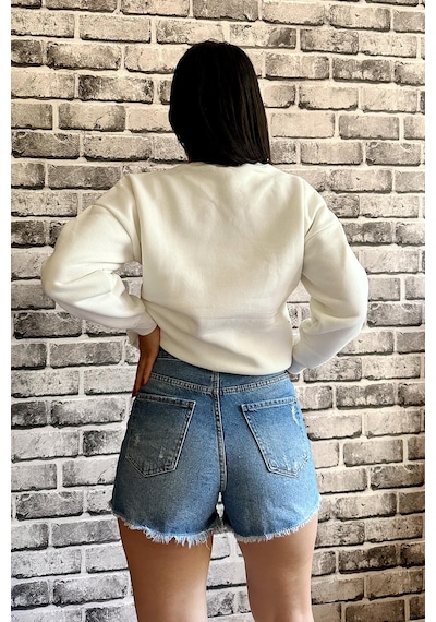 Beyaz Renk London Baskılı 3 İplik Unisex Sweatshirt Beyaz