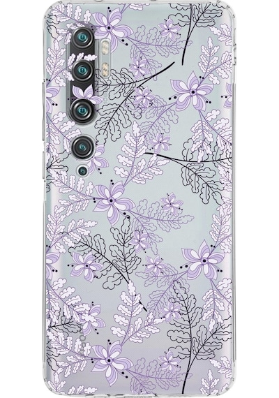 Xiaomi Mi Note 10 Pro Kamera Korumalı Kapak Floral Lila Tasarımlı Şeffaf Kılıf
