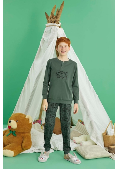 Aydoğan Erkek Garson Bora İnterlok Travel Haki Pijama Takım 0731 Haki