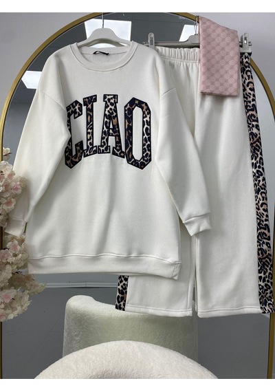 Lovie Moda Kadın Leopar Yazılı Eşofman Takımı Beyaz