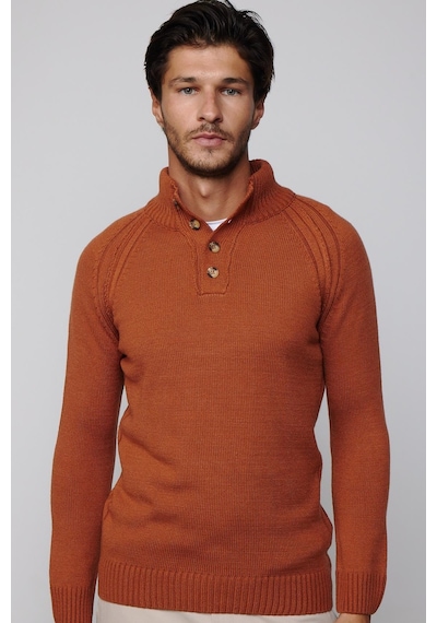 Tudors Erkek Slim Fit Dar Kesim Dik Yaka Düğmeli Tarçın Triko Triko Kazak-29590-tarçın Tarçın