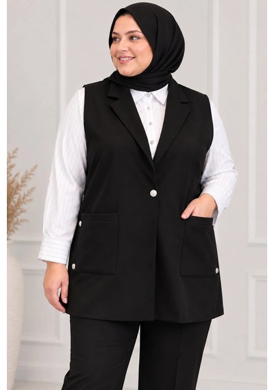 Lady Majestic Kadın Büyük Beden Şık Viskon Yelek Klasik Yaka Düğmeli Cep Detaylı Yelek Siyah Lady Majestic Kadın Büyük Beden Şık Viskon Yelek Klasik Yaka Düğmeli Cep Detaylı Yelek Siyah