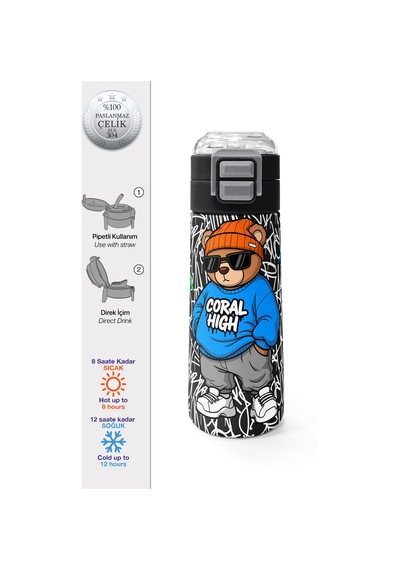 Coral High Kids Grafiti Ayıcık Desenli Pipetli Ve Direkt İçim Çelik Termos 500 Ml 38132 Saks