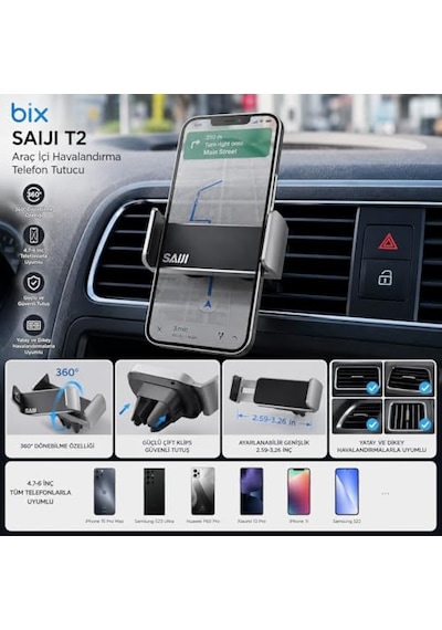 Saiji T2 Araç İçi Telefon Tutucu Havalandırma Klipsli 360 Dönebilen Universal Uyumlu Diğer