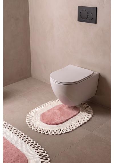 Banyo Paspası Takımı 60x100+40x60 Cm Dış Trikot Pembe & Krem