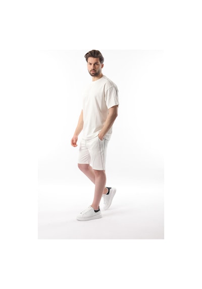 Madmext Ekru Overfit Baskılı Erkek Şort T-shirt Takım E7302 Ekru