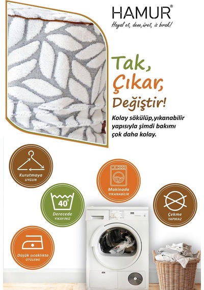 Yıkanabilir Puf Tabure Kılıfı Tak-Çıkar-Değiştir-Yenile Orta Sehpa Kılıfı By Lotus Gri