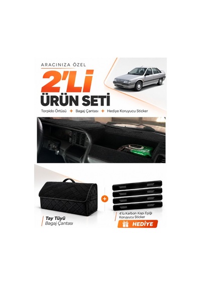 Renault 21 Manager 1990-1996 Uyumlu Torpido Örtüsü + Tay Tüyü Bagaj Çantası + Sticker Seti - Siyah