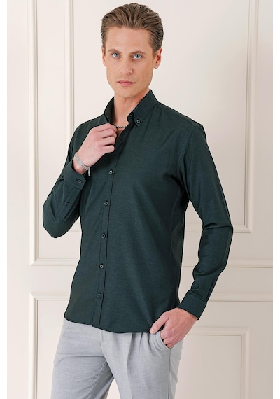 Efor Slim Fit Düğmeli Yaka Dokulu %100 Pamuk Klasik Siyah Gömlek Gk 724 Siyah