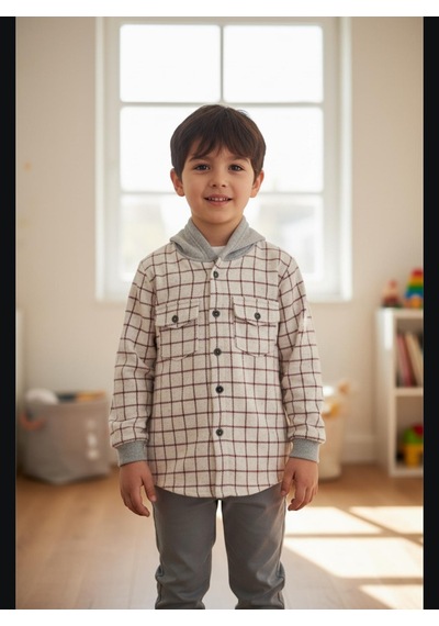 Gala Kolu Lastikli Kapüşonlu Ekoseli Unisex Çocuk Gömlek KREM