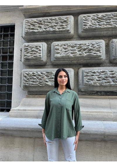 WeShaya Haki Kırışık Oversize %100 Pamuk Gömlek Haki